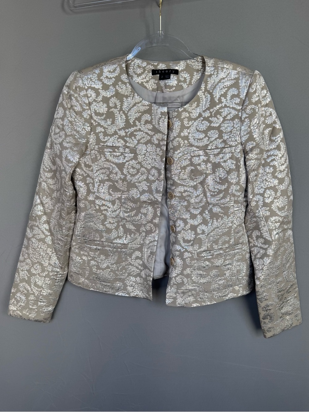 THEORY Vintage Cream Metallic Gold & Silver Lurex Brocade Jacquard Jacket size 2